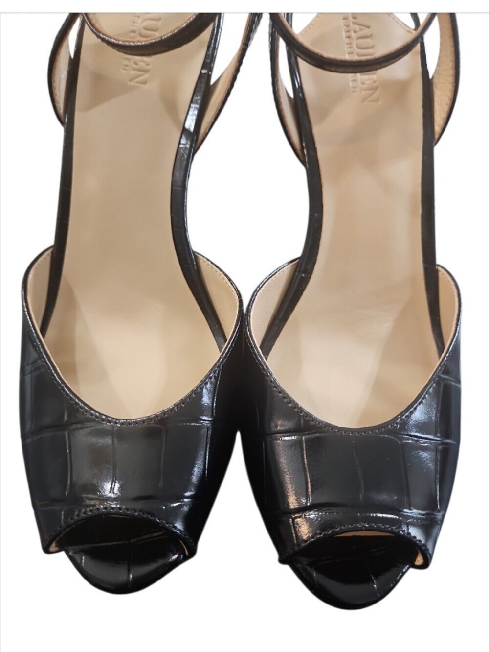 Lauren Ralph Lauren Kyla Croc Embossed Leather Peep Toe Sandal Heels 8 - Picture 10 of 16